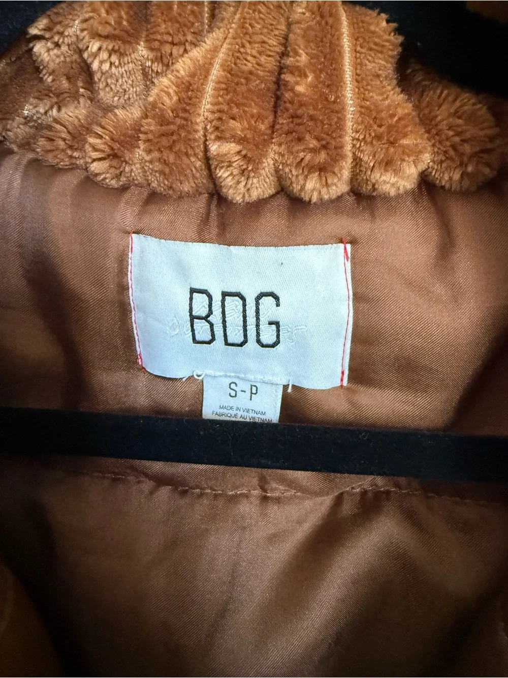 BDG Isla Plush Ribbed Teddy Jacket in Caramel Brown size S.